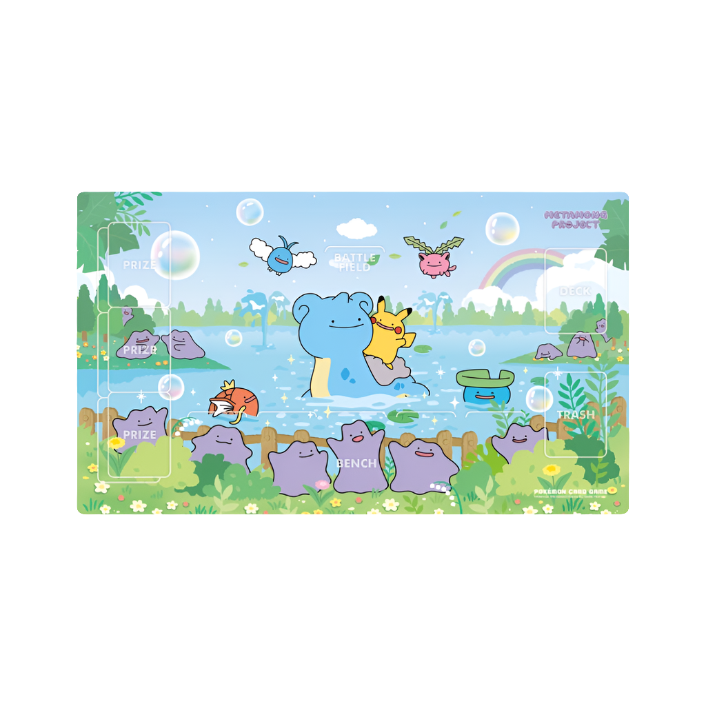 Pokémon Ditto Event rubber playmat featuring a colorful lake scene with Ditto, Pikachu, and Lapras, size 58x30cm.
