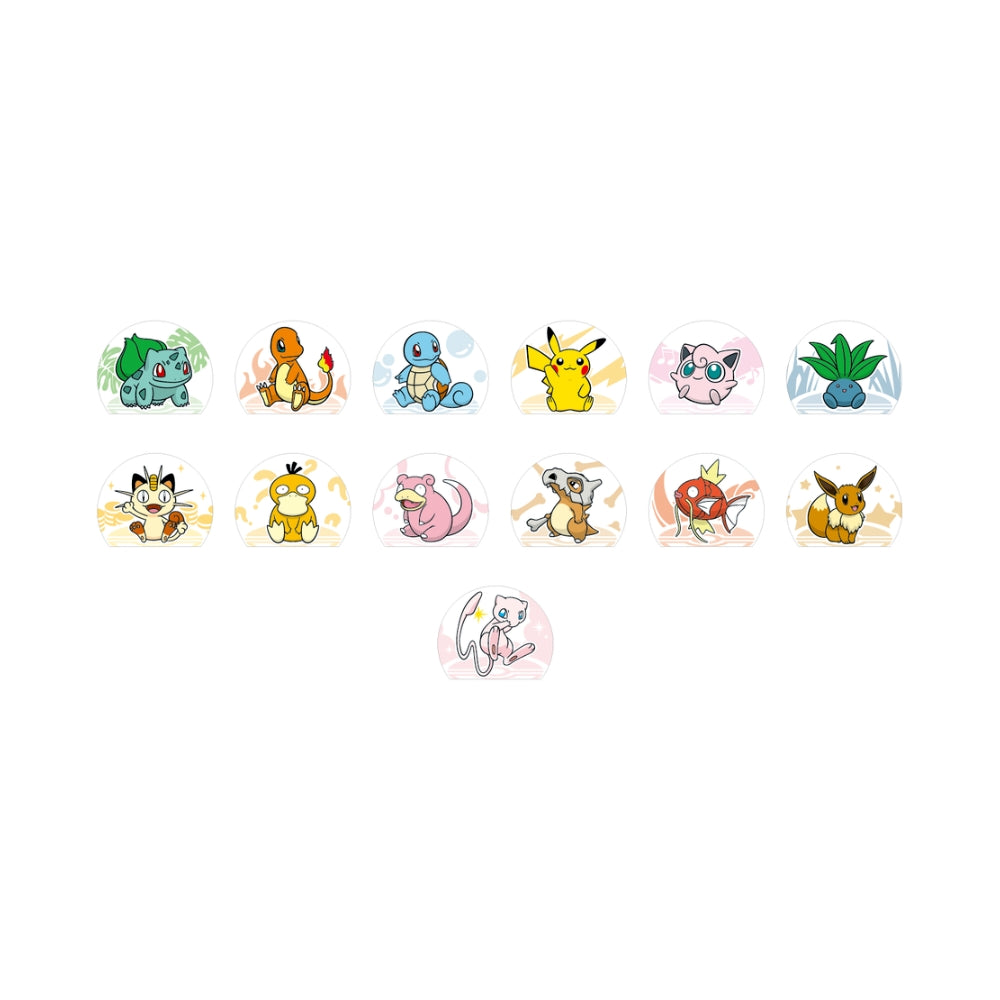 Collection of 13 colorful Pokémon acrylic stands featuring characters like Pikachu, Mew, and Bulbasaur on circular bases.