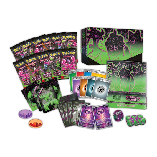 Shrouded Fable Elite Trainer Box featuring booster packs, Pecharunt promo cards, card sleeves, dice, and a player's guide.
