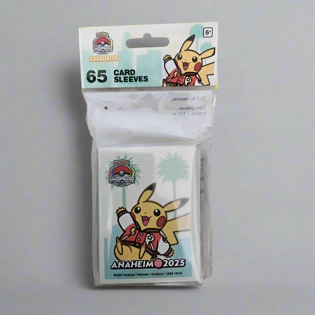 Pack of 65 green Pokémon 2025 WCS Anaheim card sleeves featuring a Pikachu design in a protective plastic package.