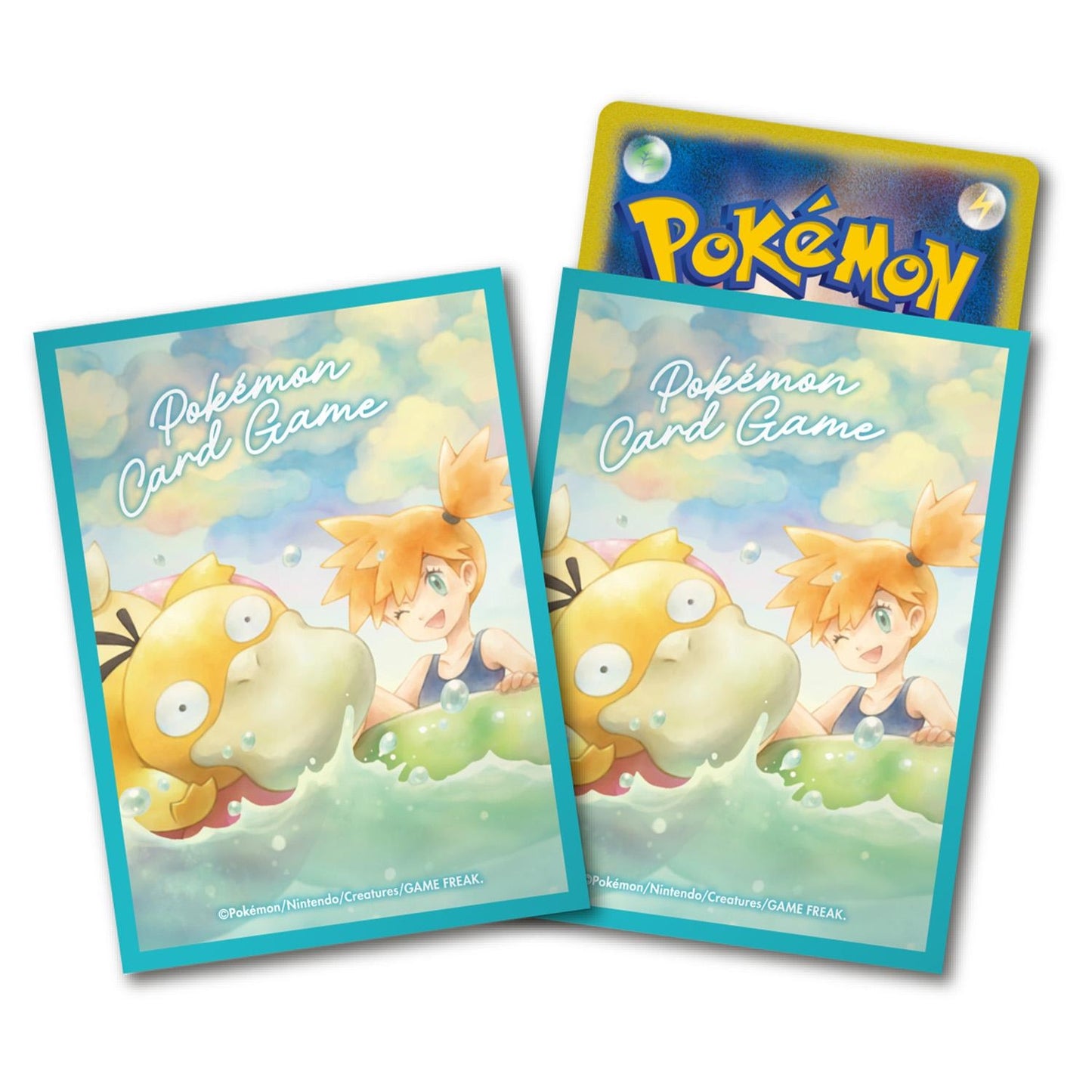 Two protective card sleeves featuring Misty and Psyduck in a pool, with one sleeve holding a Pokémon card.