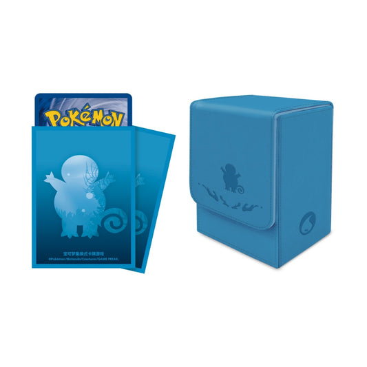 Blue Pokémon 151 flip deck case and 64 card sleeves featuring a debossed Charmander silhouette design.