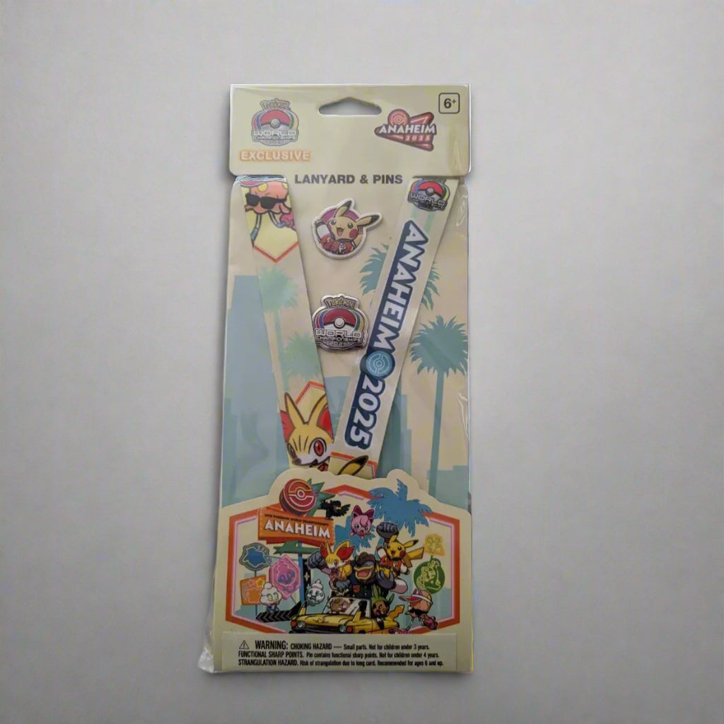 2025 Pokémon World Championships lanyard featuring Pikachu and Anaheim graphics with two collectible enamel pins.