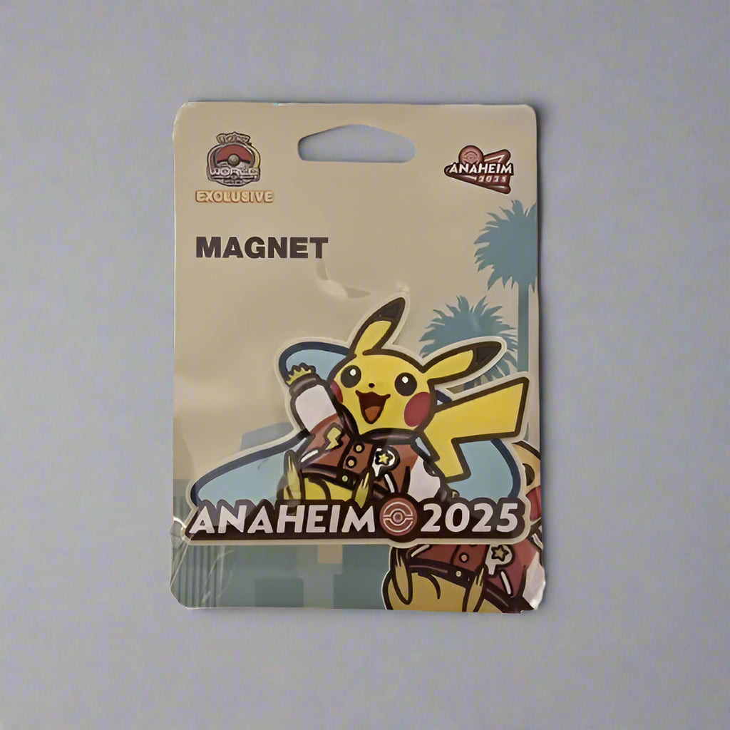 2025 WCS Pikachu magnet in a varsity jacket, displayed on branded Anaheim 2025 commemorative packaging.