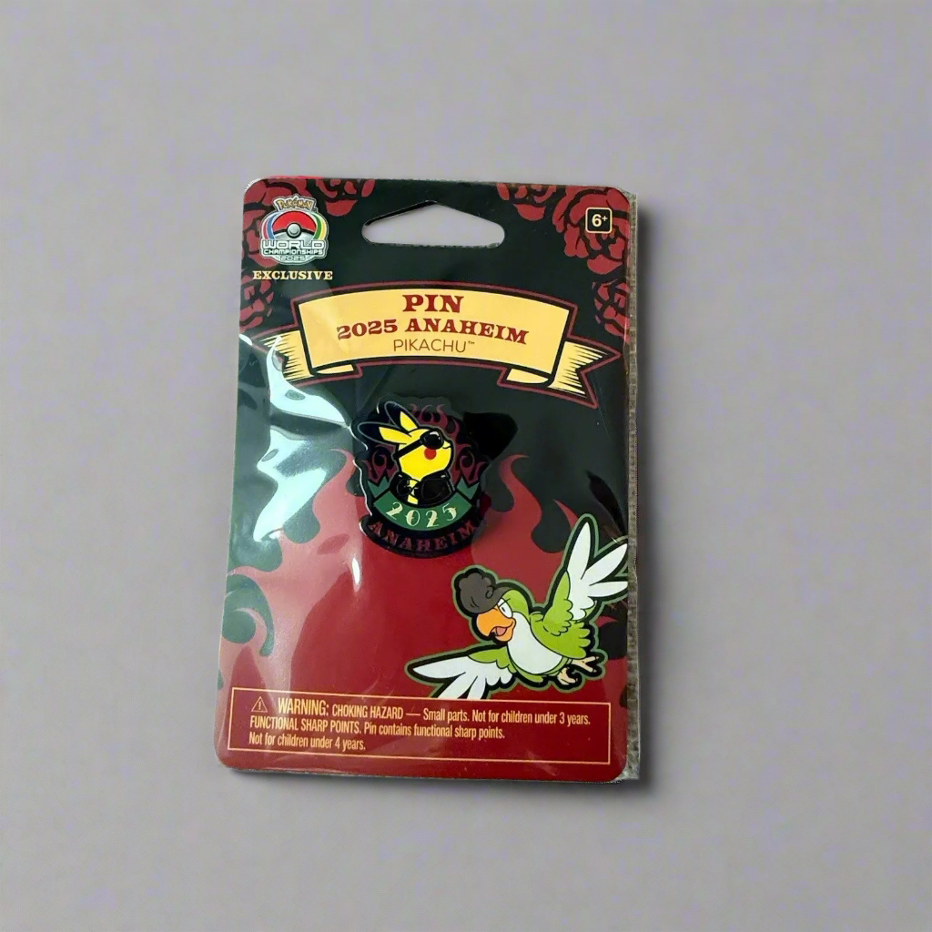 2025 WCS Anaheim exclusive enamel pin featuring Pikachu wearing sunglasses on a themed display card.
