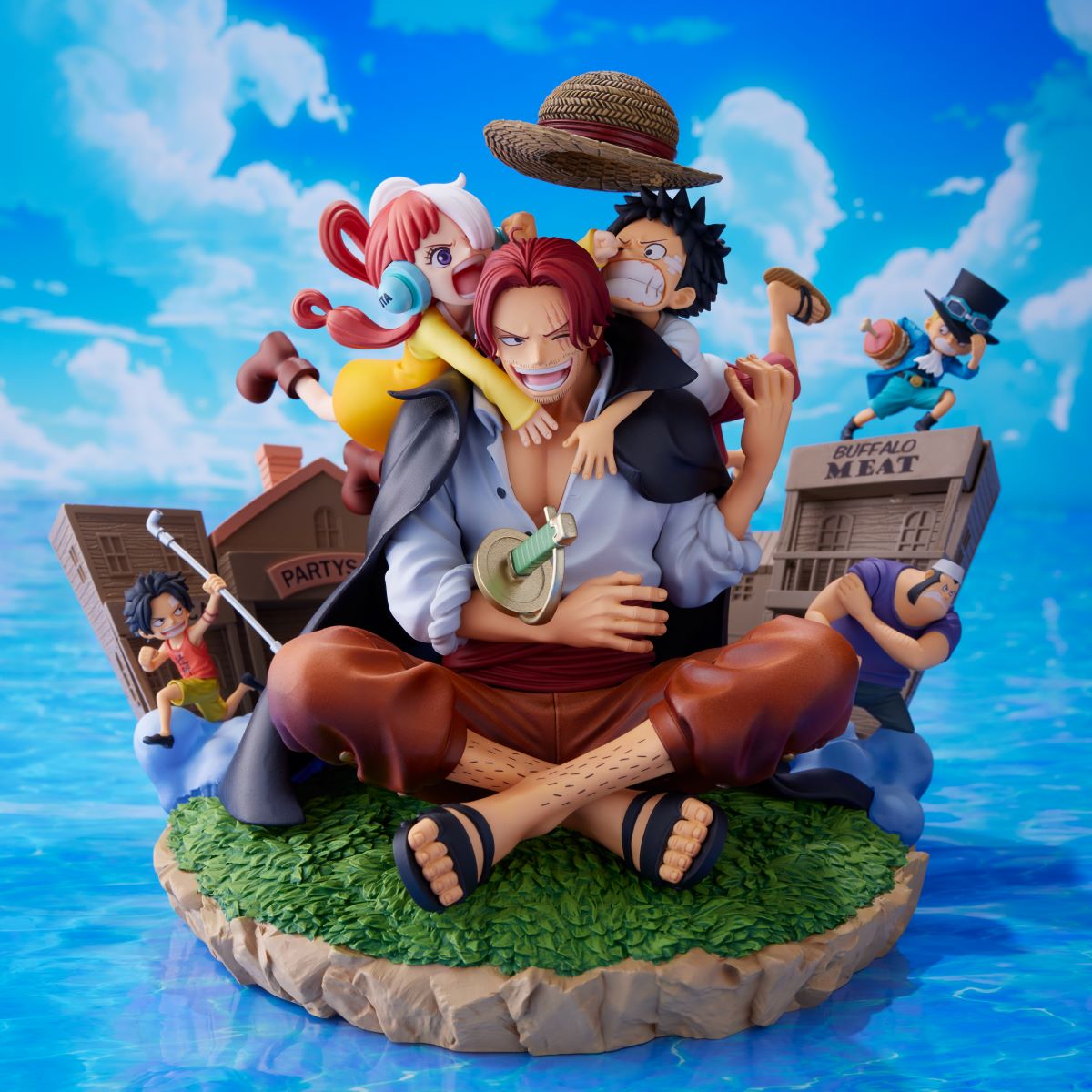 One Piece diorama: Shanks, Luffy, Uta, Ace, and Sabo on a grassy island, 7.2-inch PVC/ABS figure.
