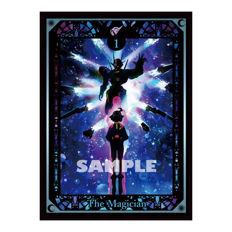 Suletta Mercury card sleeve featuring a blue cosmic Magician tarot design with a silhouette of a mobile suit.