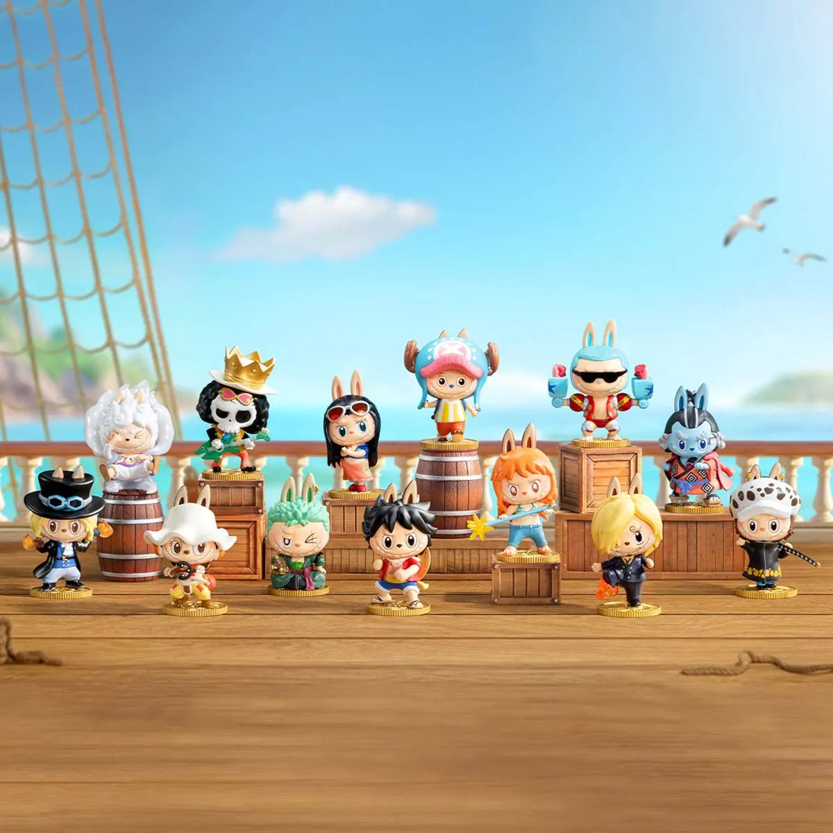 THE MONSTERS x One Piece 3.5-inch PVC blind box figures featuring stylized characters on a wooden deck background.