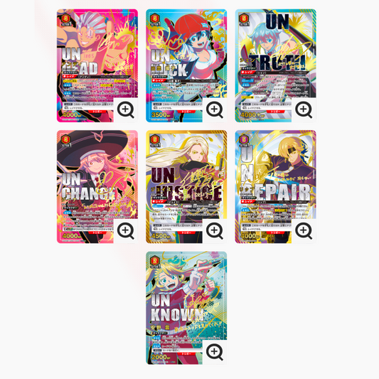 Seven colorful Undead Unluck Union Arena trading cards featuring anime character illustrations and Japanese text.