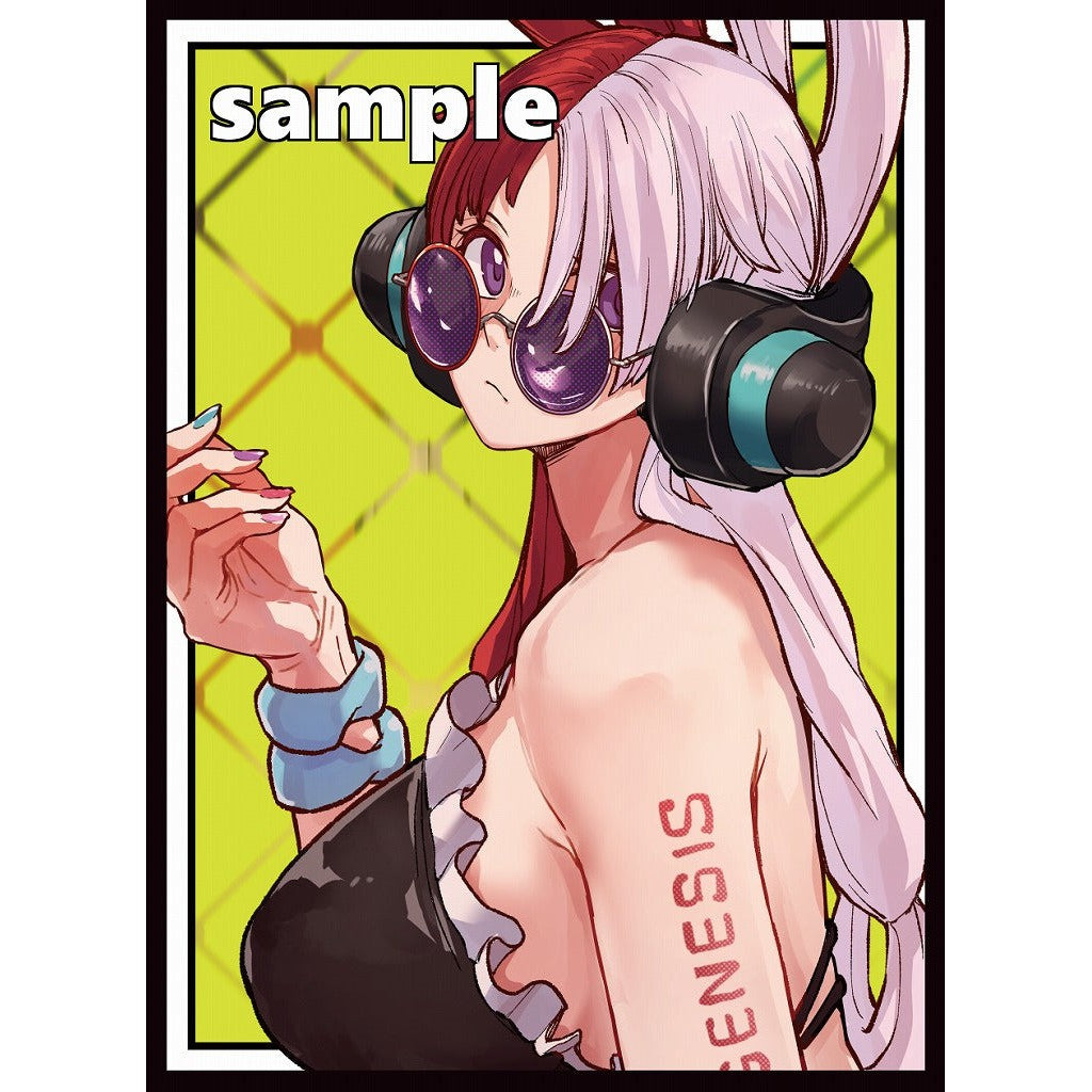 Uta card sleeve featuring red and white-haired anime character with headphones and purple glasses on a lime green background.