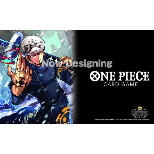 One Piece Card Game playmat featuring Trafalgar Law on a black background.