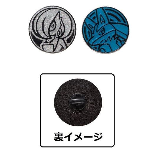 Two metallic Pokémon coin pins: one silver with Gardevoir, one blue with Lucario. Back shows black pin clasp.