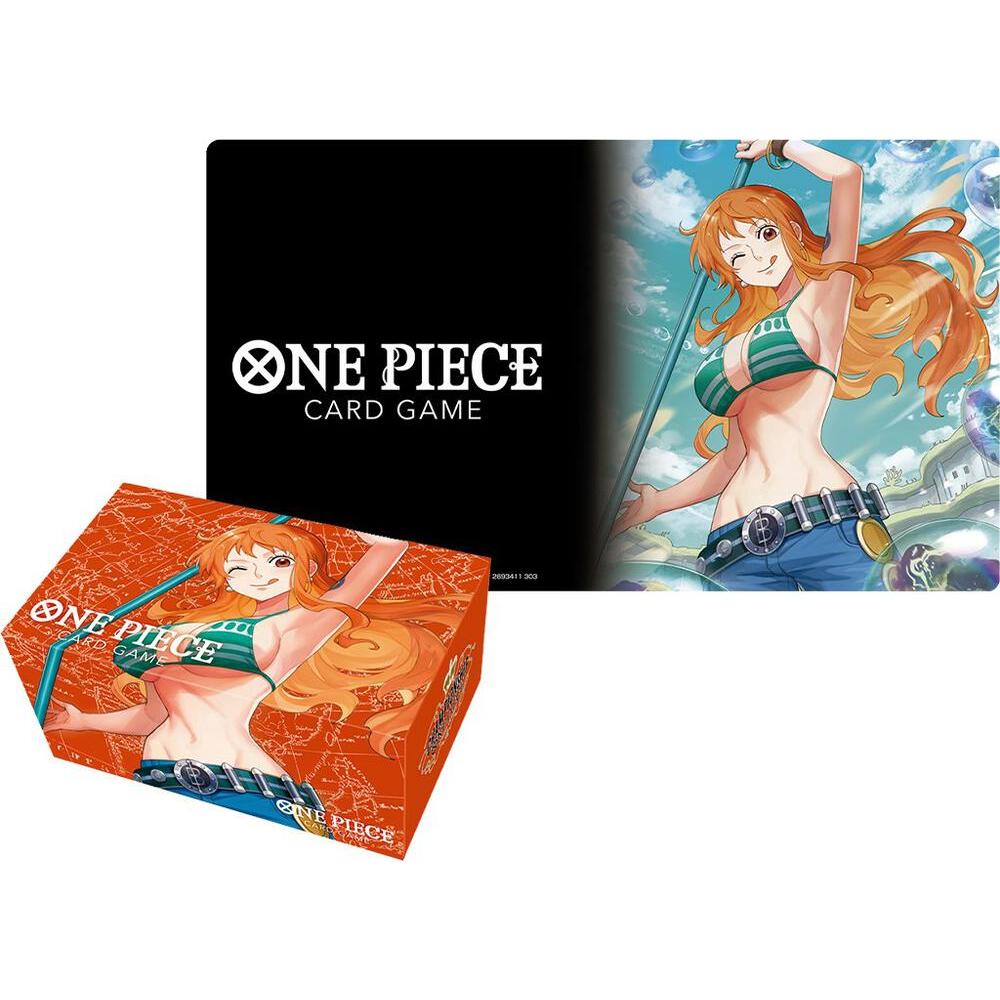 One Piece Card Game playmat and storage box set featuring Nami, with a black and orange design on rubber and cardboard.