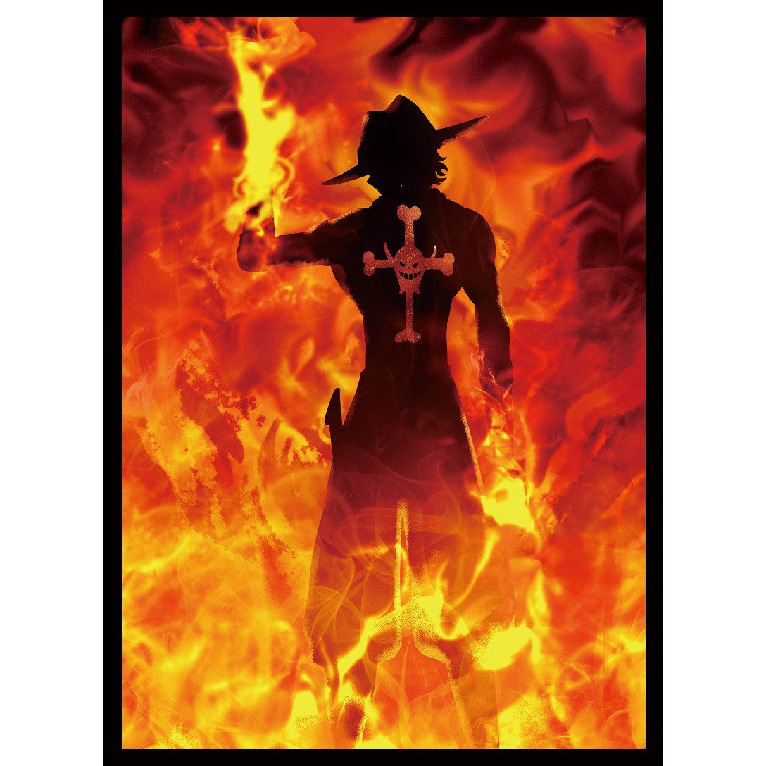 Ace Sleeve featuring a black silhouette of Ace against a fiery red and orange background, with his skull crossbones emblem.