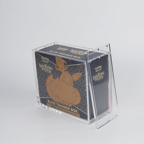 Clear acrylic display case for a Pokemon Shining Fates Elite Trainer Box, featuring a magnetic top-opening design.