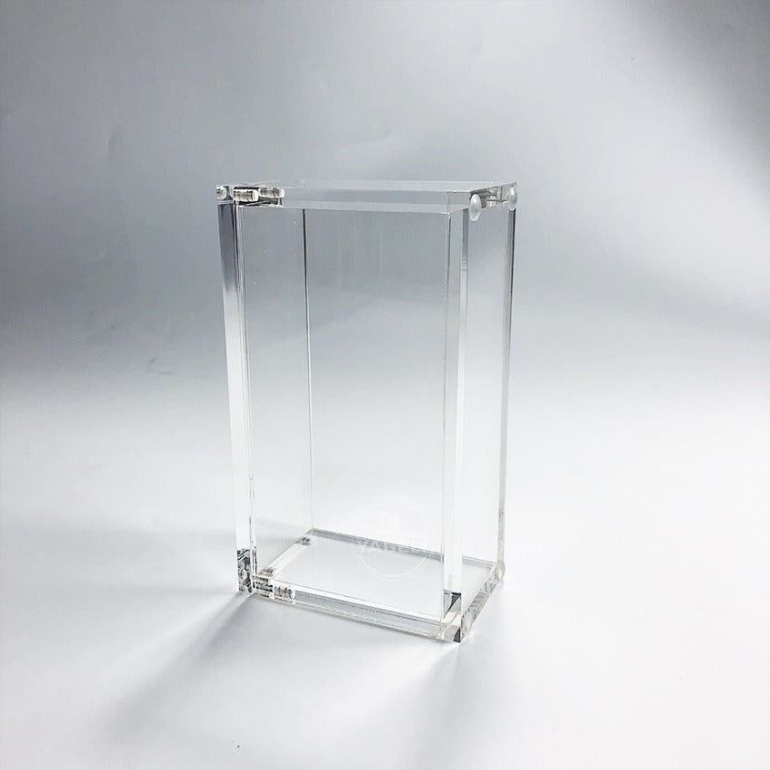 Clear acrylic display case for a trading card booster box, featuring a 2-piece design with magnetic closure.