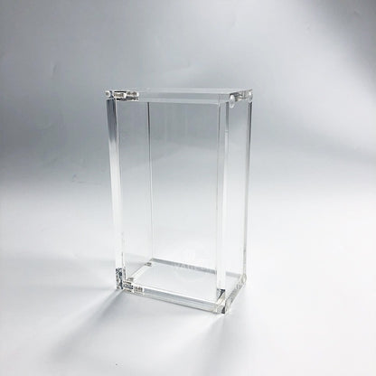 Clear acrylic display case for a trading card booster box, featuring a 2-piece design with magnetic closure.
