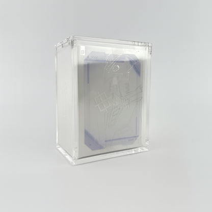 Clear UV-protected acrylic display case holding a Gundam Card Game Edition Beta booster box with magnetic closure.