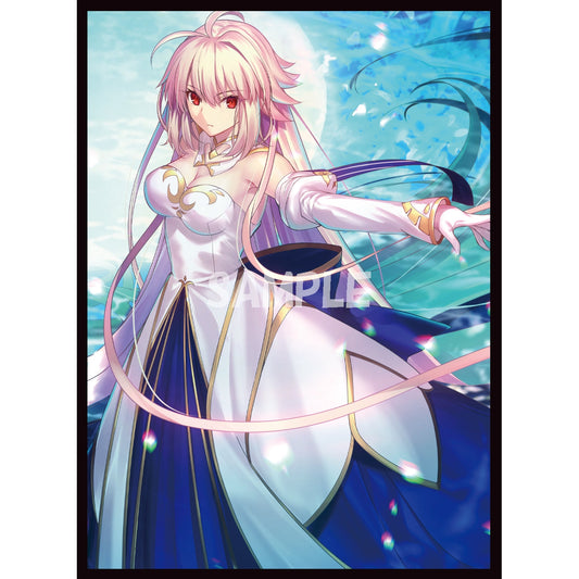 Arcueid card sleeve featuring a blonde anime woman in a white and blue dress, red eyes, and a moonlit background.