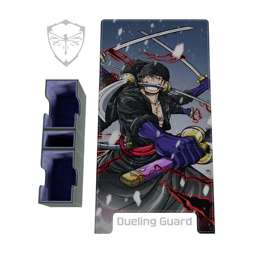 Ashura Zoro embroidered vegan leather deck box with purple suede interior and removable dice tray.
