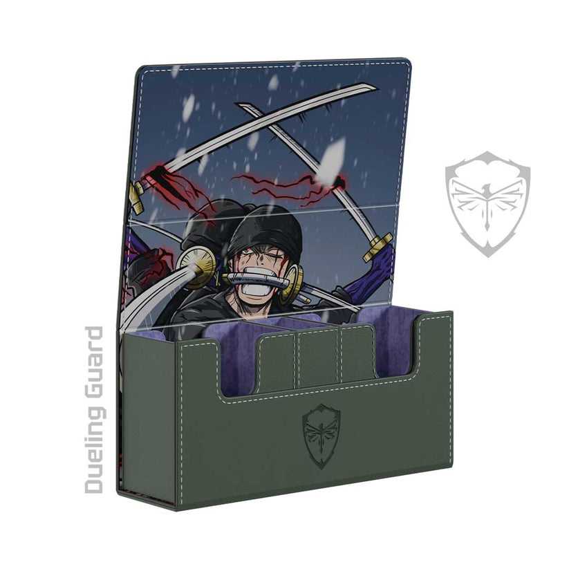 Olive green vegan leather deck box featuring embroidered Zoro Ashura artwork, purple suede interior, and magnetic closure.