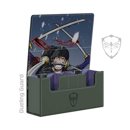 Olive green vegan leather deck box featuring embroidered Zoro Ashura artwork, purple suede interior, and magnetic closure.