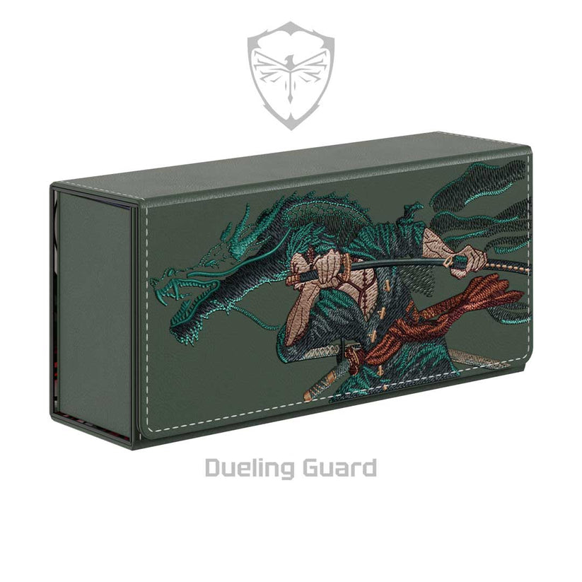 Olive green vegan leather deck box featuring detailed Zoro Ashura embroidery with a magnetic closure and 160-card capacity.