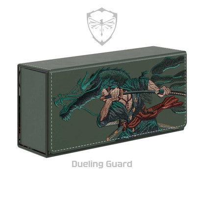 Olive green vegan leather deck box featuring detailed Zoro Ashura embroidery with a magnetic closure and 160-card capacity.