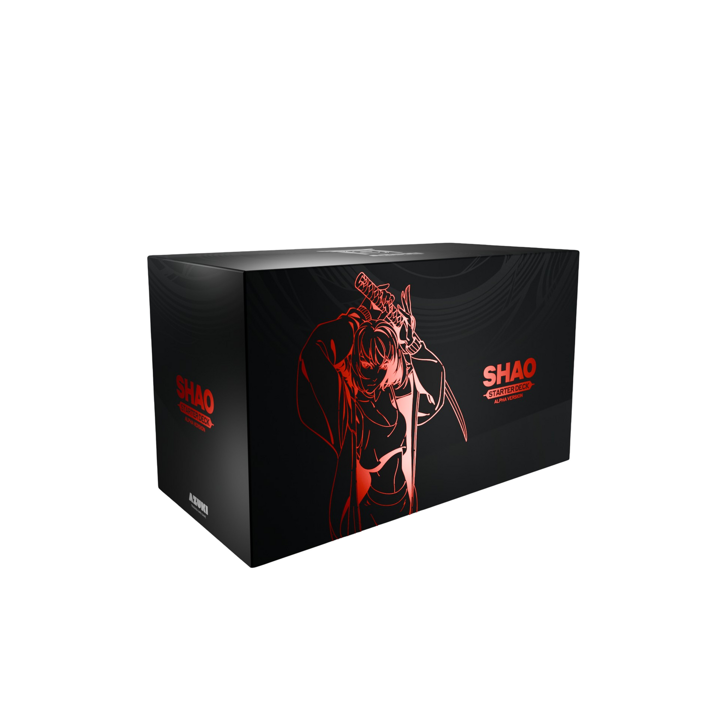 Black Azuki Alpha Starter Deck box featuring red line art of a samurai character and Shao branding on a sleek finish.