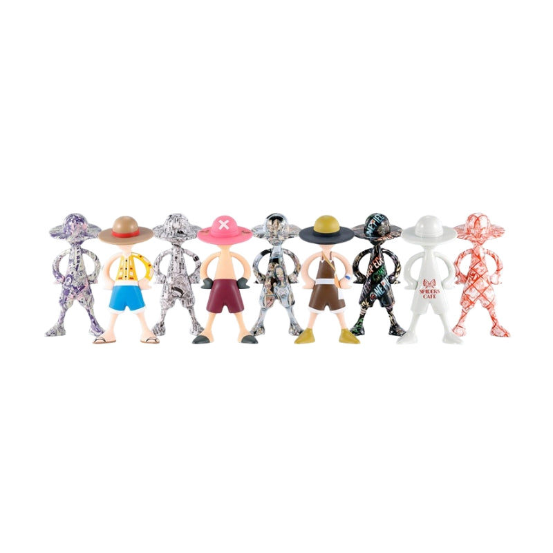 Nine 3.4-inch Luffy collectible figures in diverse colorful costumes and patterned designs arranged in a row.
