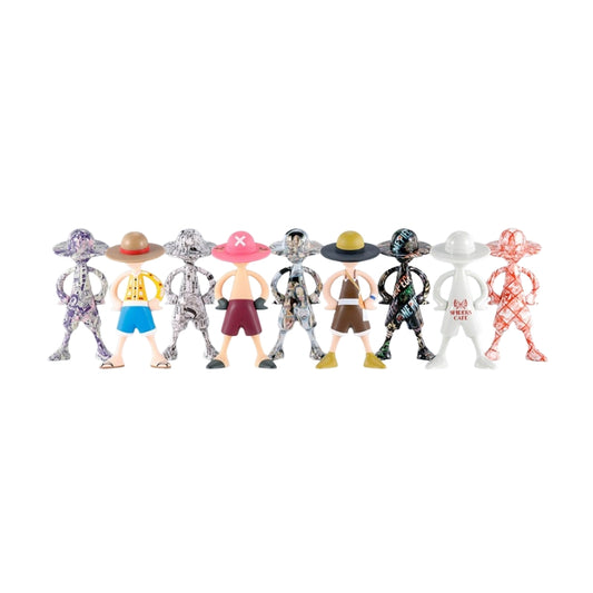 Nine 3.4-inch Luffy collectible figures in diverse colorful costumes and patterned designs arranged in a row.