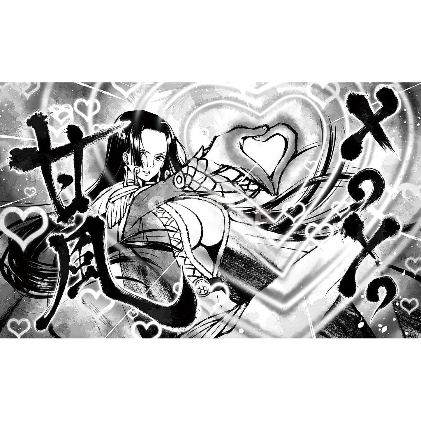 Black and white Boa Love-Love Mellow Rubber Playmat featuring Boa Hancock with hearts and Japanese text.