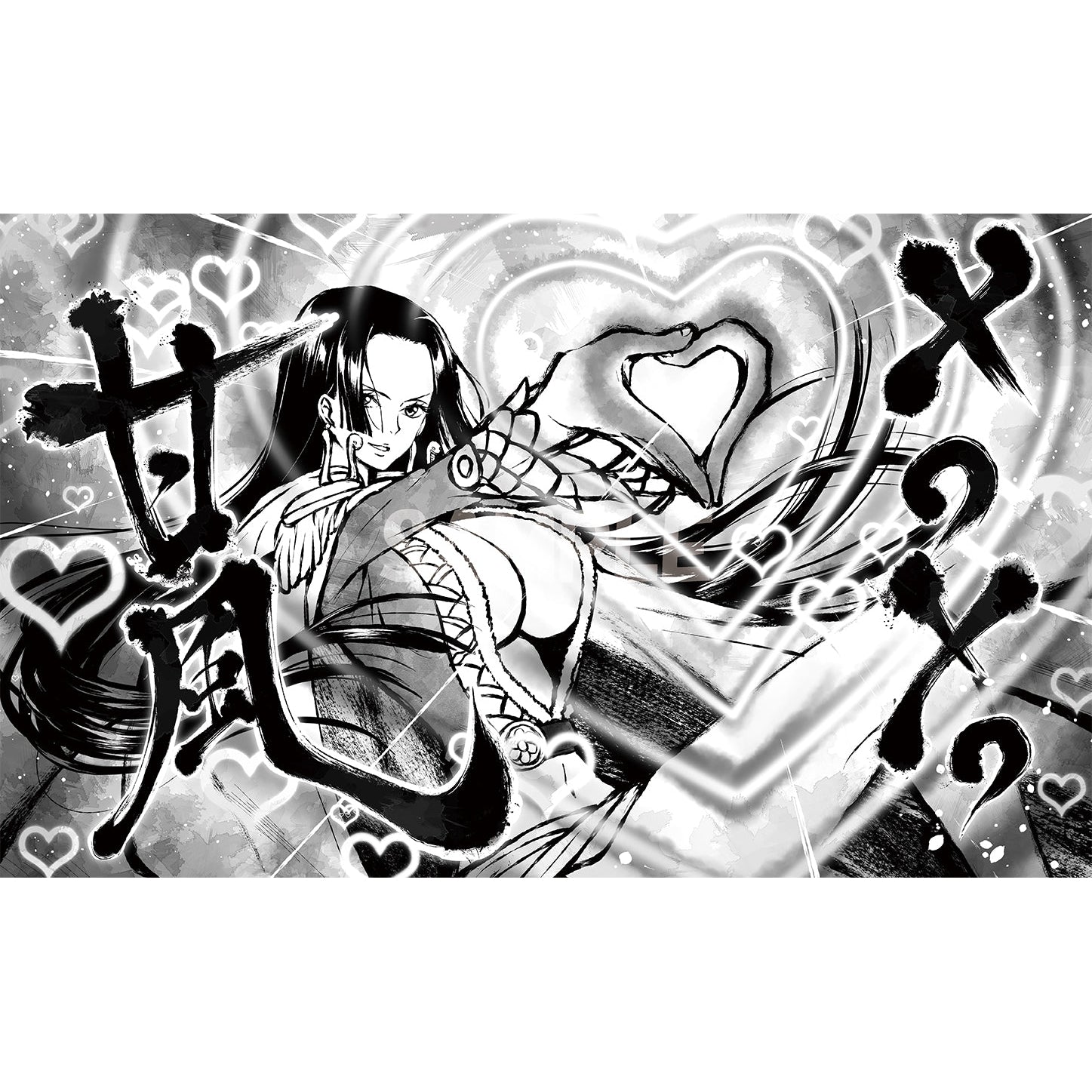 Black and white Boa Love-Love Mellow Rubber Playmat featuring Boa Hancock with hearts and Japanese text.