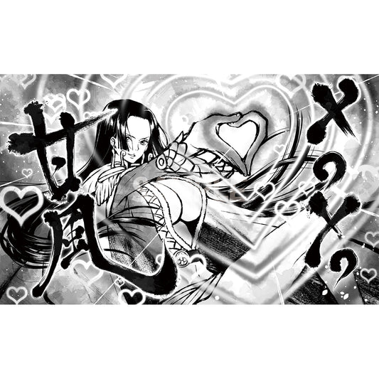 Black and white Boa Love-Love Mellow Rubber Playmat featuring Boa Hancock with hearts and Japanese text.