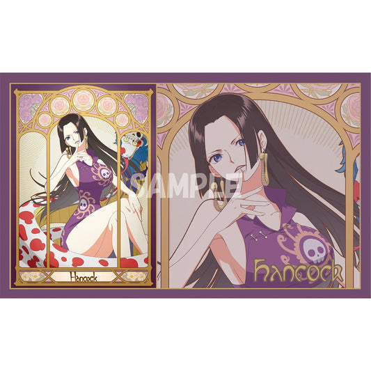 Purple Boa Hancock rubber playmat with two anime illustrations and "Hancock" text.