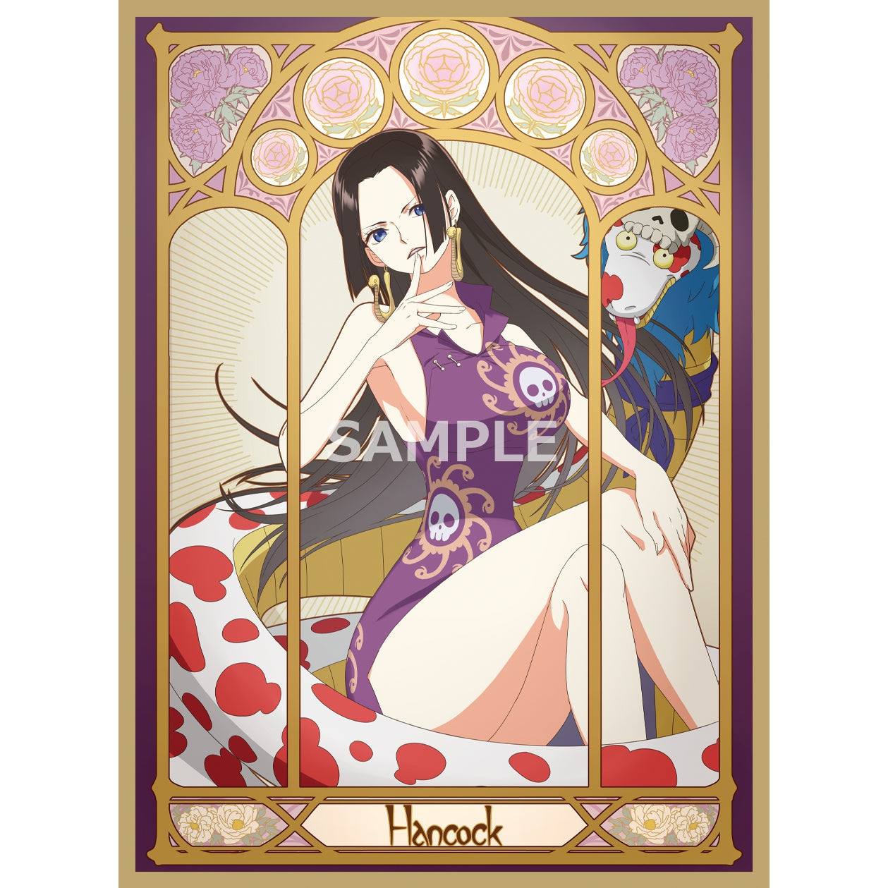 Boa Hancock card sleeve with purple dress, skull accents, and a white snake with red spots.