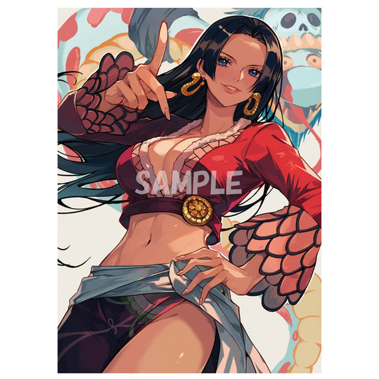 Anime card sleeve featuring Boa Hancock in a red top, black hair, and gold earrings.
