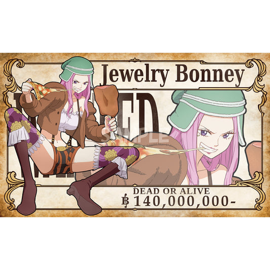 Bonney (Wanted) rubber playmat featuring a pink-haired character in a green hat eating pizza and meat.