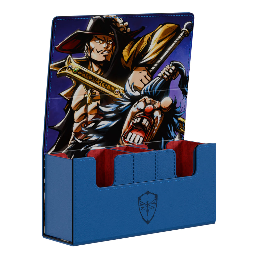 Blue vegan leather Buggy EV 2.5 Elite deck box featuring Mihawk and Buggy artwork with a red microfiber interior.