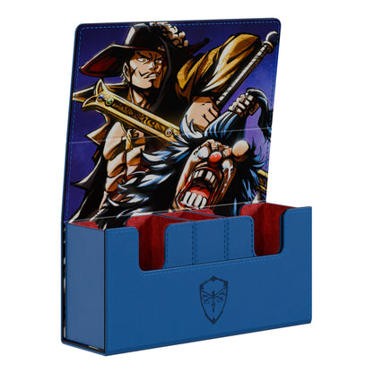 Blue vegan leather Buggy EV 2.5 Elite deck box featuring Mihawk and Buggy artwork with a red microfiber interior.