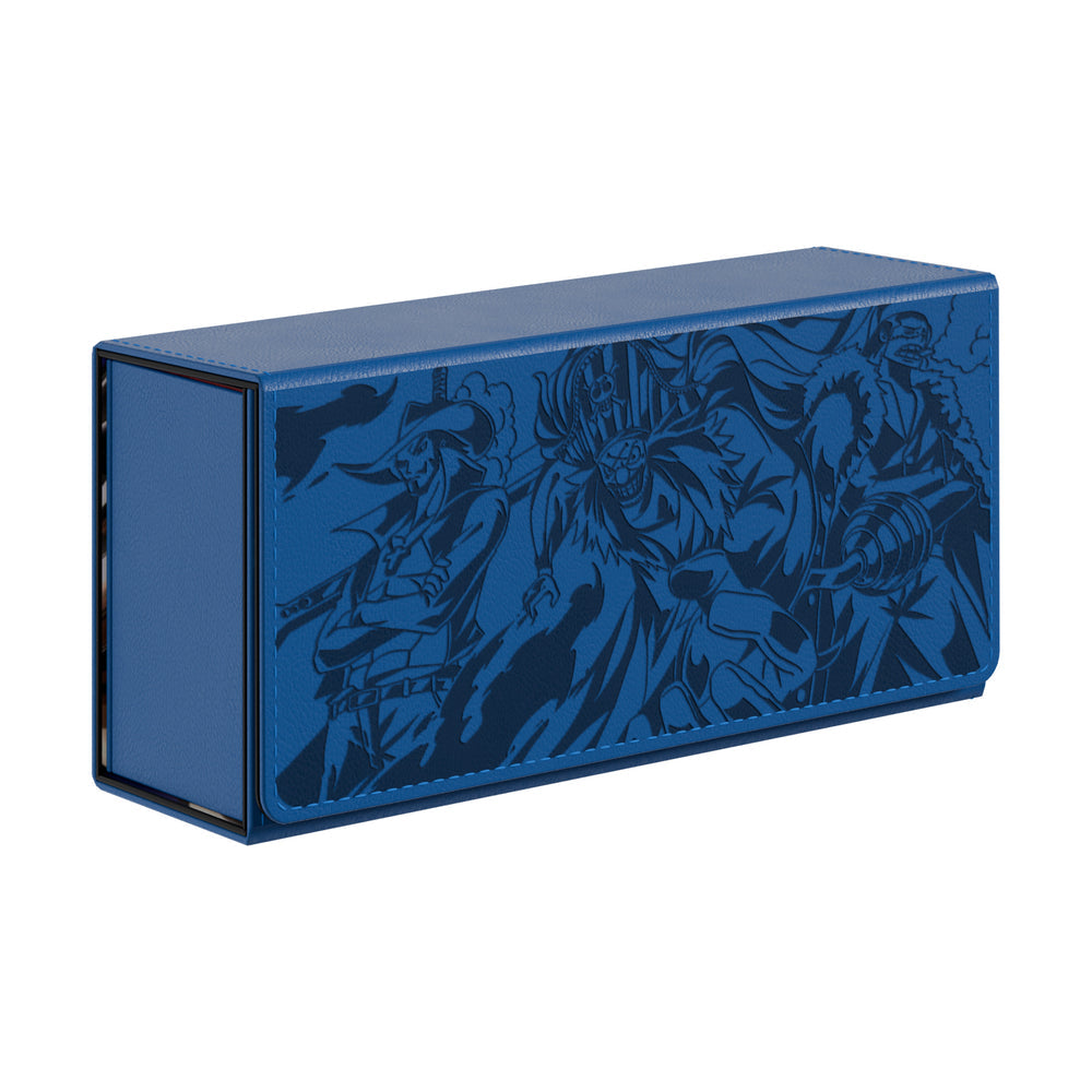 Blue vegan leather Buggy EV 2.5 Elite deck box featuring detailed embroidered One Piece character artwork.