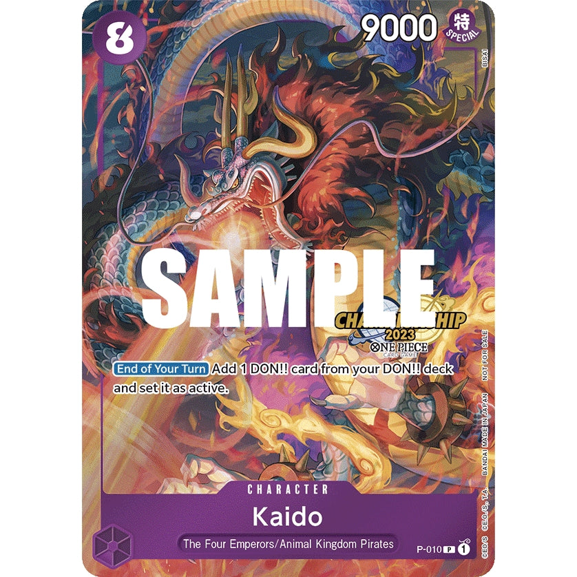 One Piece Card Game Kaido character card with a fiery dragon illustration, purple border, and "SAMPLE" watermark.