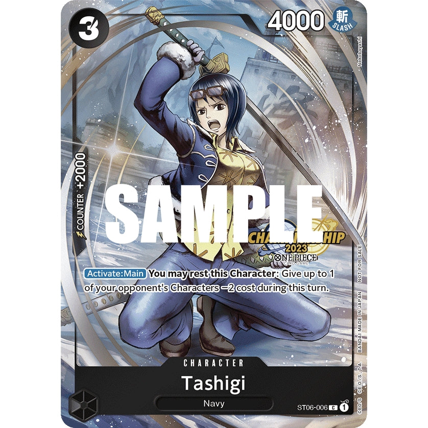 One Piece Card Game Tashigi character card, navy blue outfit, sword, 4000 power, 3 cost, with "SAMPLE" watermark.