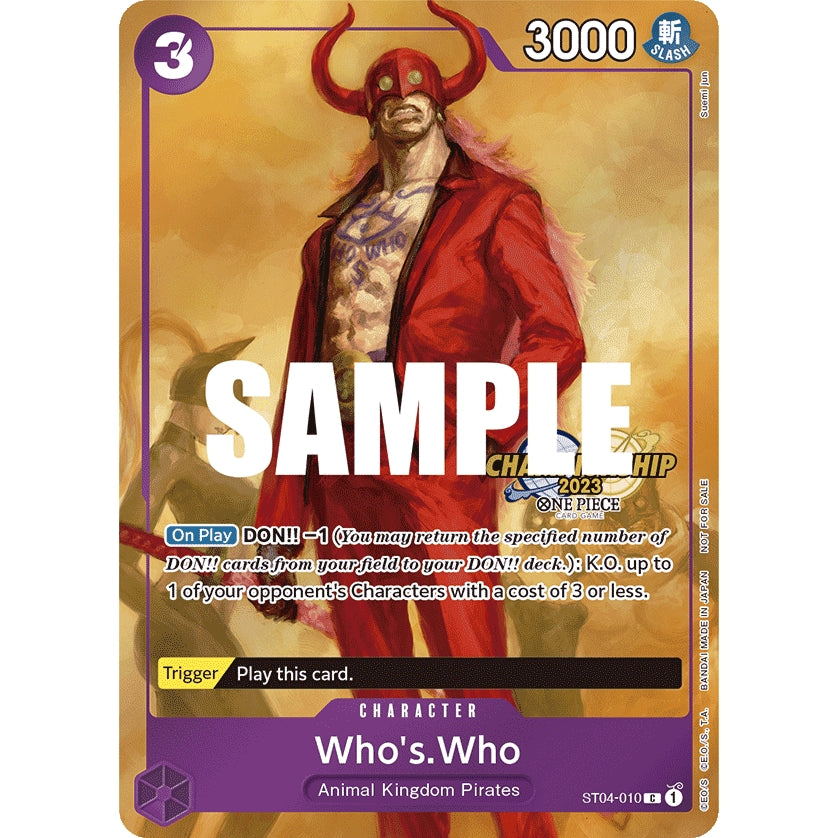 One Piece Card Game "Who's.Who" character card with a red horned mask figure in a red suit.
