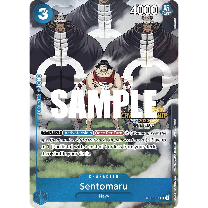 One Piece Card Game Sentomaru character card with a blue border, featuring Sentomaru and two Pacifistas.