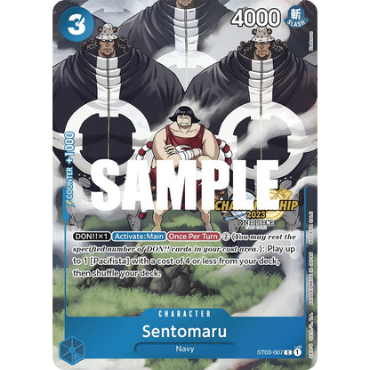 One Piece Card Game Sentomaru character card with a blue border, featuring Sentomaru and two Pacifistas.