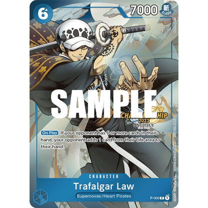 One Piece Card Game Trafalgar Law card, blue border, featuring Law in a black robe and white hat, holding a sword.