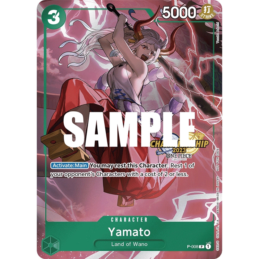 One Piece Card Game Yamato character card from the 2023 Championship Celebration Pack, featuring a green border and "SAMPLE" watermark.