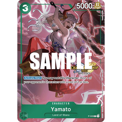 One Piece Card Game Yamato character card from the 2023 Championship Celebration Pack, featuring a green border and "SAMPLE" watermark.