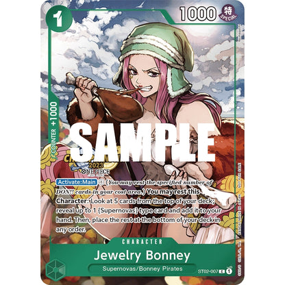 One Piece Card Game "Jewelry Bonney" card with green border, featuring a pink-haired woman in a green hat eating meat.